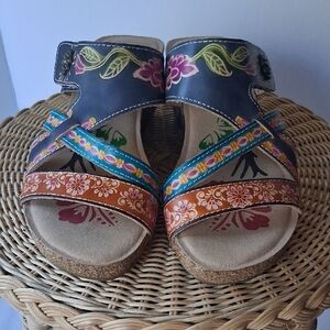 Hand-Painted Floral Strappy Sandals in Navy, Teal & Brown